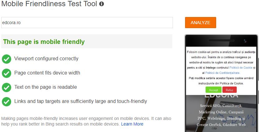 Bing Mobile Friendliness Test Tool optimizare tehnica mobil white hat